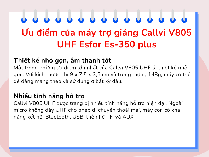 Ưu điểm của máy trợ giảng Callvi V805 UHF (Esfor Es-350 plus)